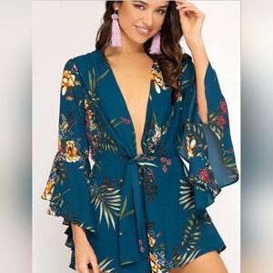 She + Sky Bell Sleeve Blue Floral Romper S